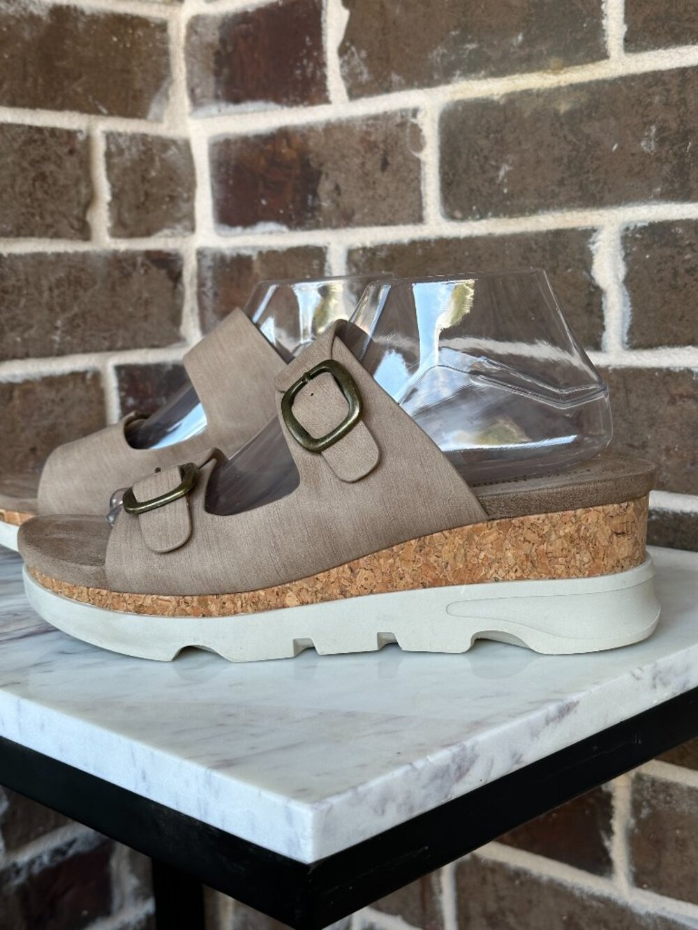 Pierre Dumas Platform Double Buckle Two Straps Slip-on Slides Sandals Brown Tan